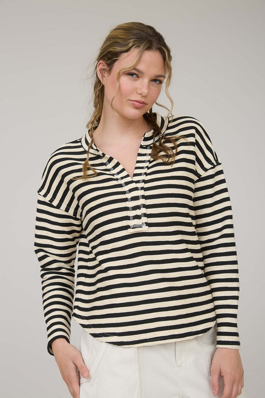 Textured Stripe Split Neck Long Sleeve Top