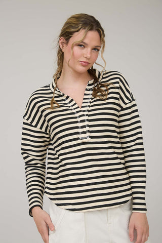 Textured Stripe Split Neck Long Sleeve Top