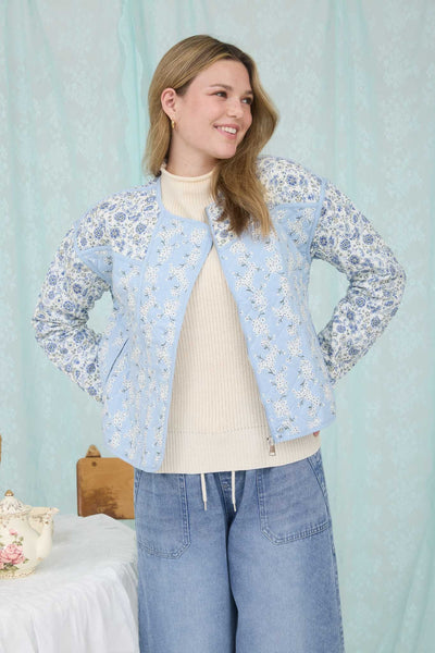 Colorblock Floral Zip-up Quilted Jacket in Blue