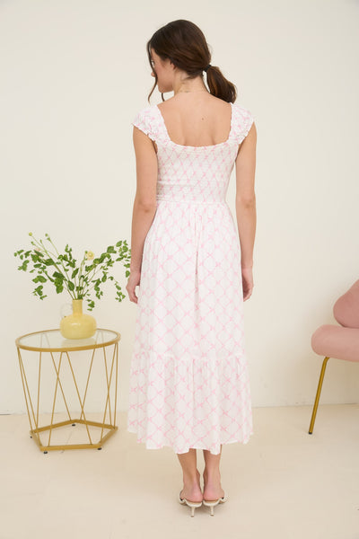Bow Pattern Ruched Sleeve Smocked Midi Dress - Lulu Bella Boutique