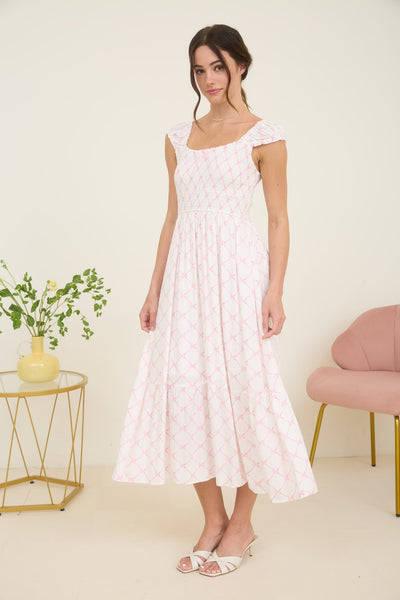Bow Pattern Ruched Sleeve Smocked Midi Dress - Lulu Bella Boutique