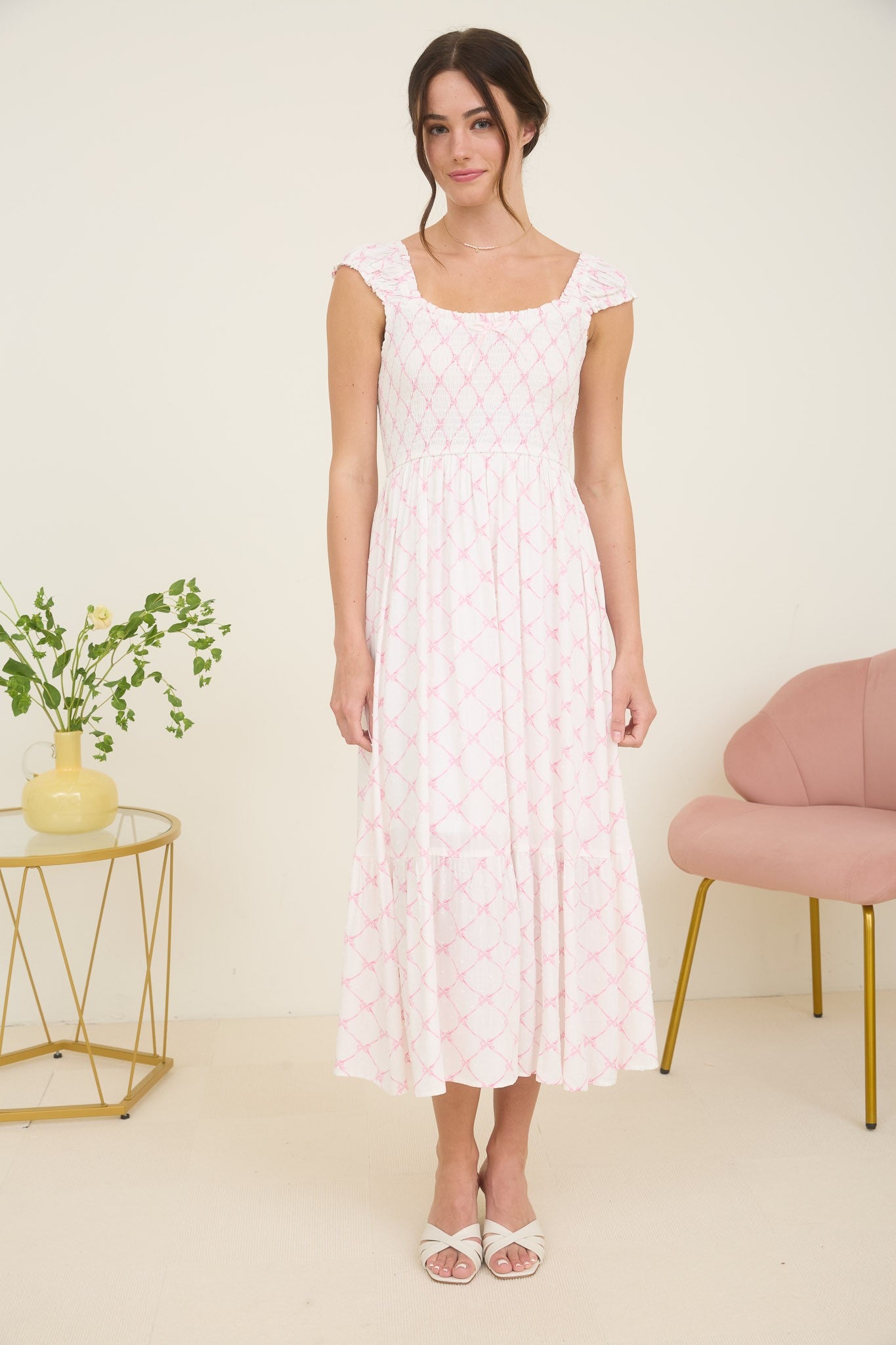Bow Pattern Ruched Sleeve Smocked Midi Dress - Lulu Bella Boutique