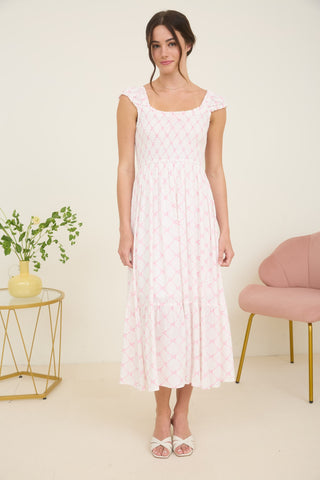 Bow Pattern Ruched Sleeve Smocked Midi Dress