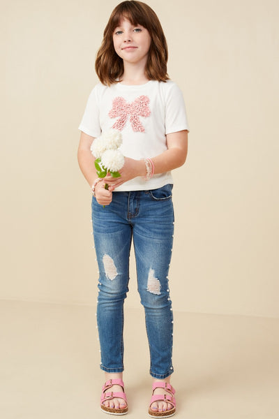 Girls Pearl Detailed Bow Patch Knit T-Shirt - Lulu Bella Boutique