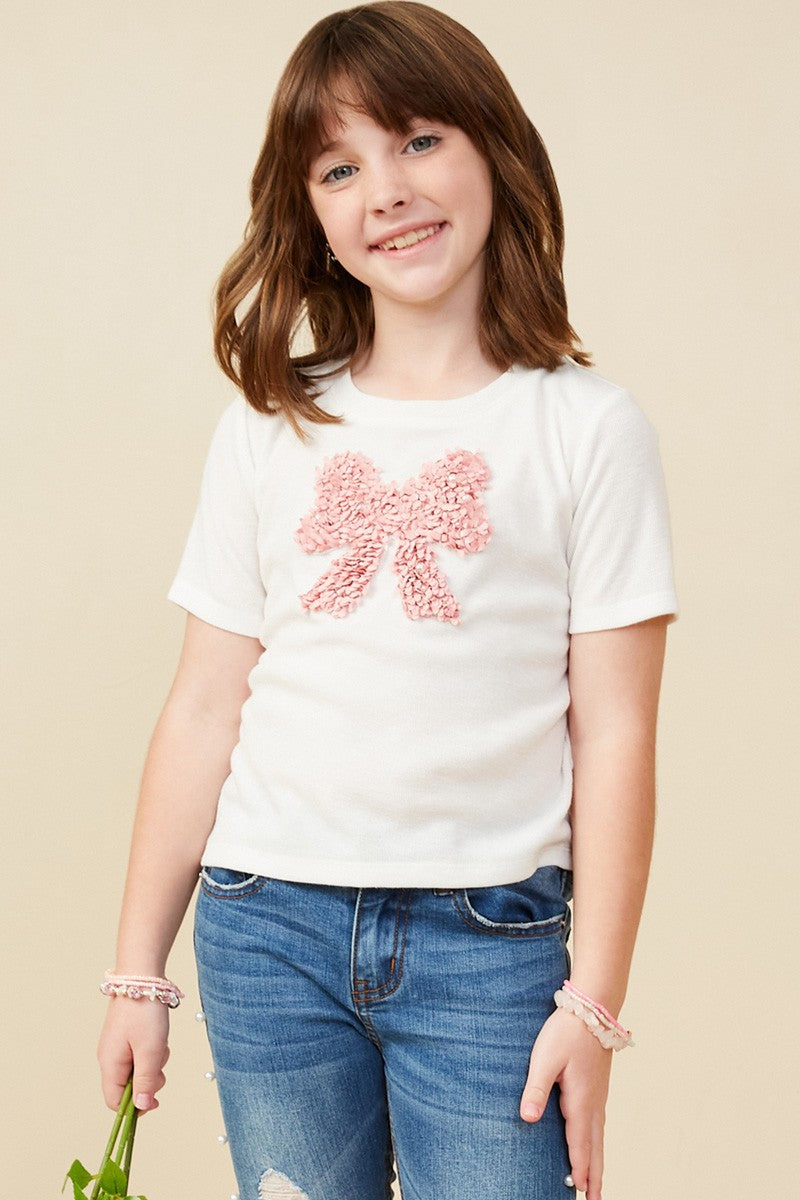 Girls Pearl Detailed Bow Patch Knit T-Shirt - Lulu Bella Boutique