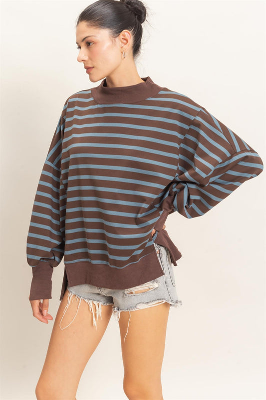 Striped Mock Neck Sweatshirt in Brown/Blue