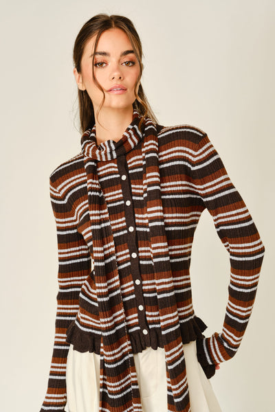 Wool Mix Striped Scarf Polo Cardigan - Lulu Bella Boutique