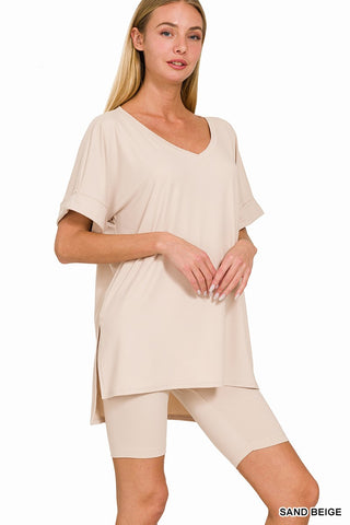 Brushed Microfiber V-neck Top & Biker Shorts - Lulu Bella Boutique