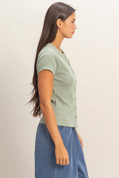 Ribbed Button-front Crew Neck Top - Lulu Bella Boutique