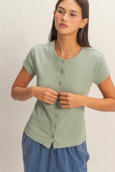 Ribbed Button-front Crew Neck Top - Lulu Bella Boutique