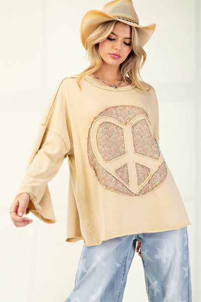 Peace Sign Mineral Washed Terry Knit Top