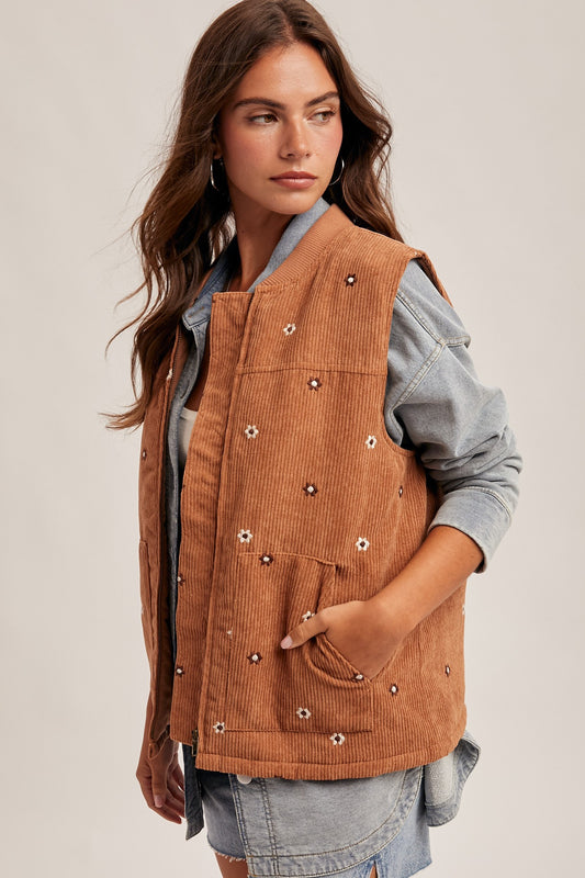 Floral Embroidered Corduroy Zipper Front Vest