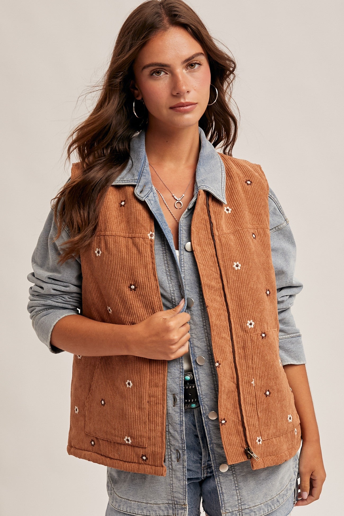 Floral Embroidered Corduroy Zipper Front Vest
