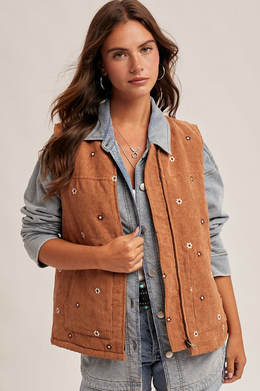 Floral Embroidered Corduroy Zipper Front Vest