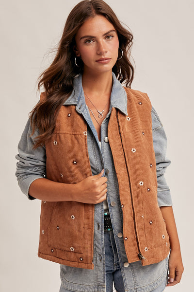 Floral Embroidered Corduroy Zipper Front Vest