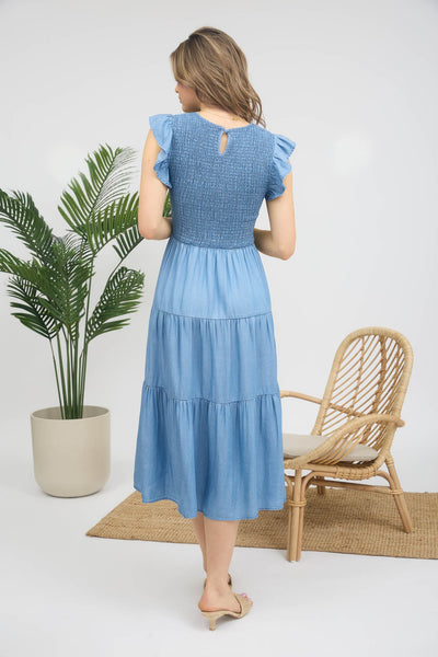 Chambray Smocked Ruffle Sleeve Tiered Midi Dress - Lulu Bella Boutique