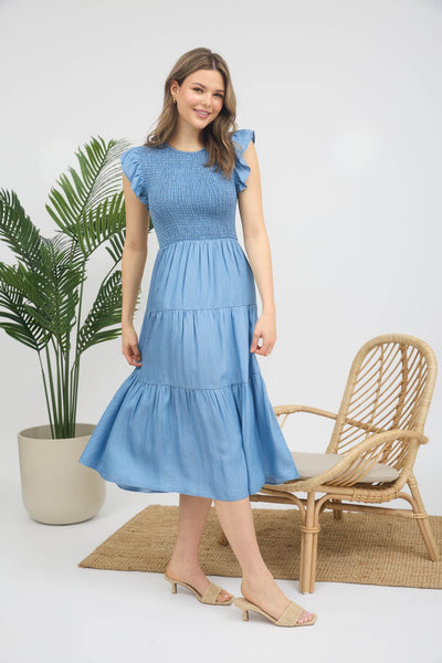 Chambray Smocked Ruffle Sleeve Tiered Midi Dress - Lulu Bella Boutique