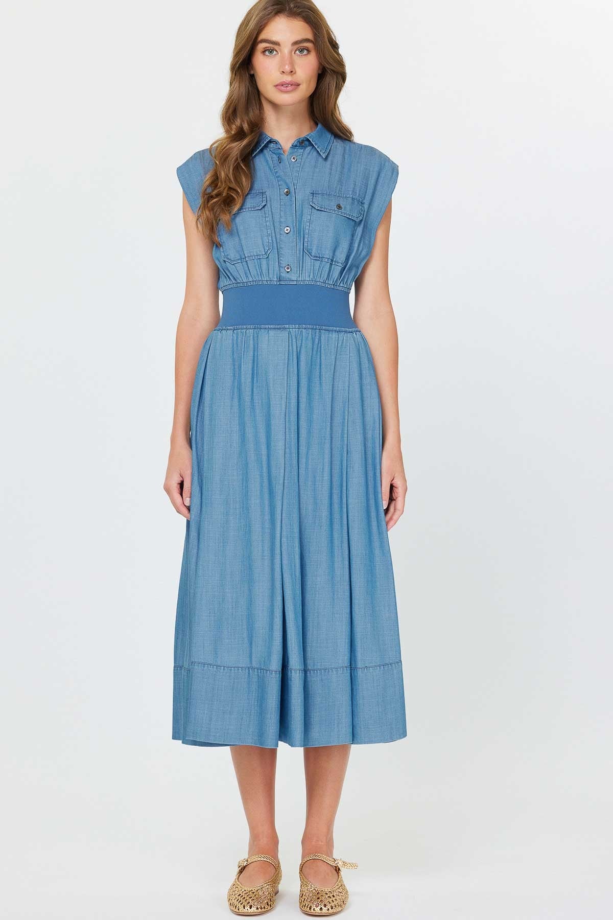 Cap Sleeve Midi Length Shirt Dress