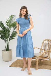 Chambray Smocked Ruffle Sleeve Tiered Midi Dress - Lulu Bella Boutique