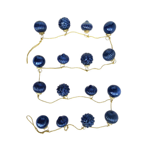 Embossed Recycled Mercury Glass Ornament Garland w/ Gold Cord, Blue