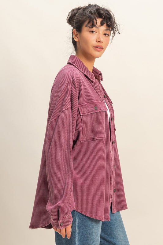 Oversized Mineral Washed Waffle Button Up Shacket
