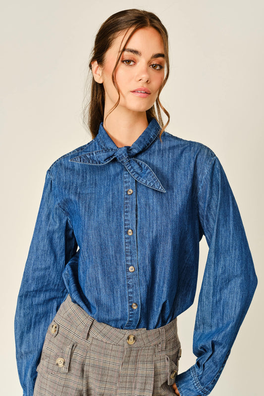 Oxford Denim Ribbon Tie Blouse Shirt - Lulu Bella Boutique