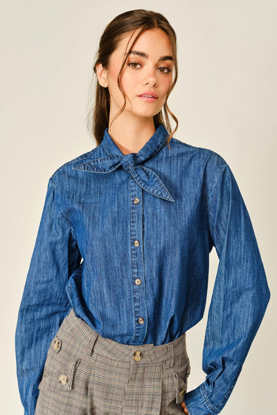 Oxford Denim Ribbon Tie Blouse Shirt - Lulu Bella Boutique