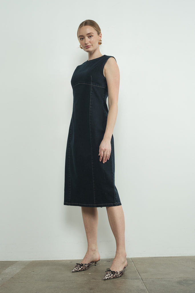 Sleeveless Denim Midi Dress w/ Back Zipper Dark Denim / M Sleeveless Denim Midi Dress w/ Back Zipper Dark Denim / M