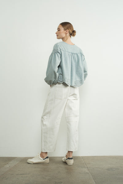 Denim Embroidery Volume Sleeve Top