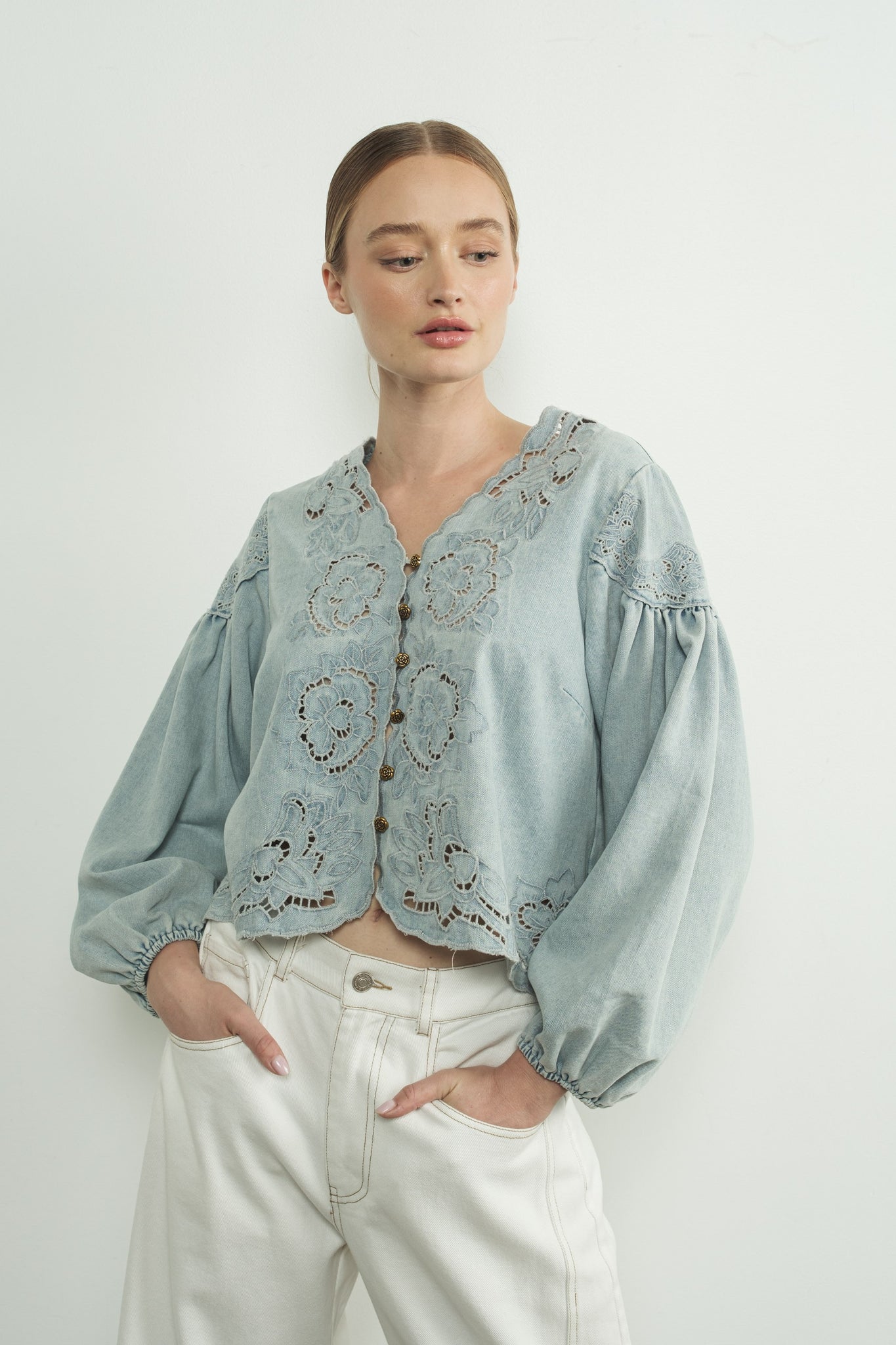 Denim Embroidery Volume Sleeve Top