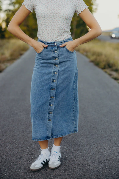 Denim Button Maxi Skirt in Faded Wash - Lulu Bella Boutique