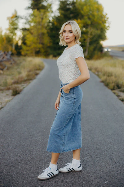 Denim Button Maxi Skirt in Faded Wash - Lulu Bella Boutique