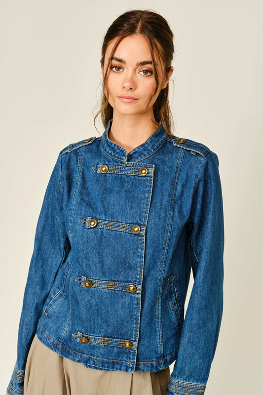 Military Double Button Design Denim Jacket - Lulu Bella Boutique