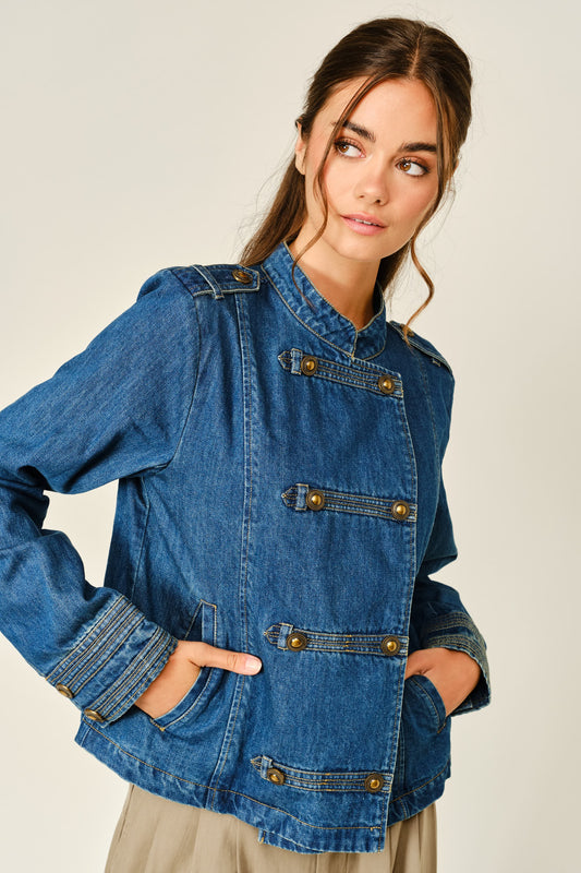 Military Double Button Design Denim Jacket - Lulu Bella Boutique