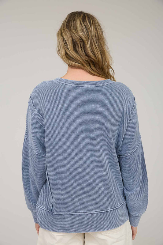 Washed Exposed Seam Side Slit Long Sleeve Knit Top