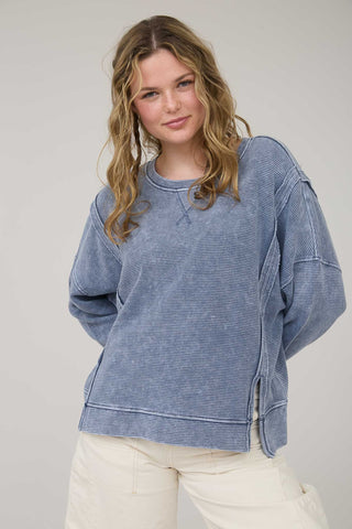 Washed Exposed Seam Side Slit Long Sleeve Knit Top