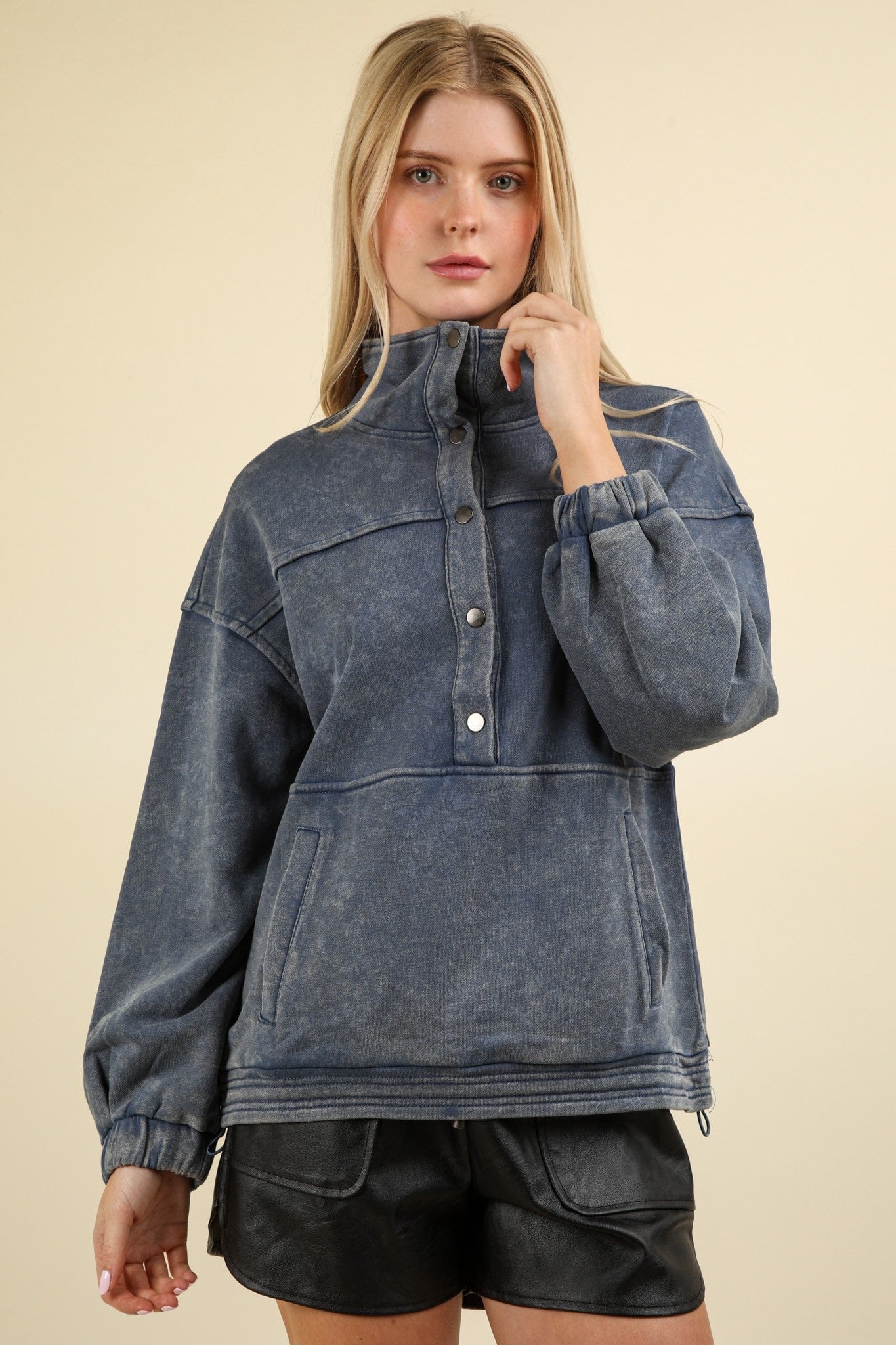 Mineral Washed Button Down Henley Knit Sweatshirt Top