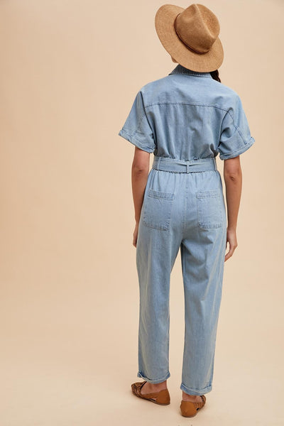 Denim Button Up Collared Jumpsuit - Lulu Bella Boutique