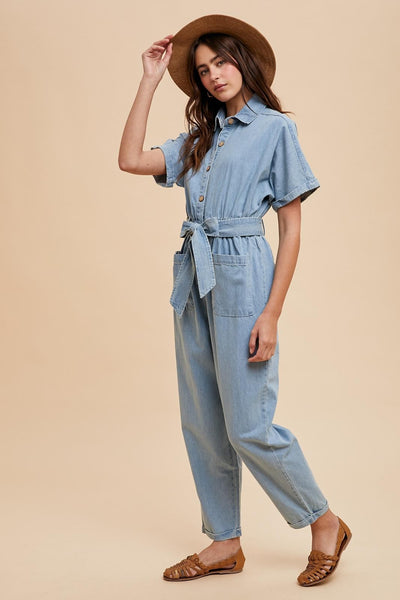 Denim Button Up Collared Jumpsuit - Lulu Bella Boutique