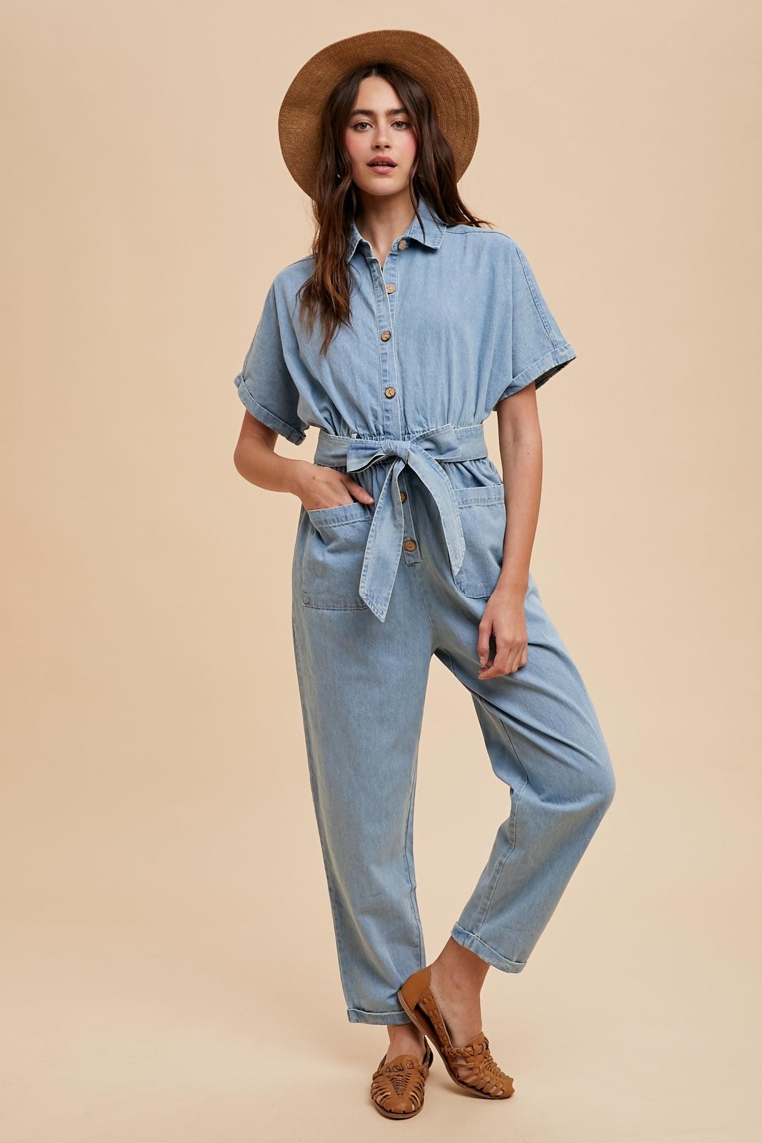 Denim Button Up Collared Jumpsuit - Lulu Bella Boutique