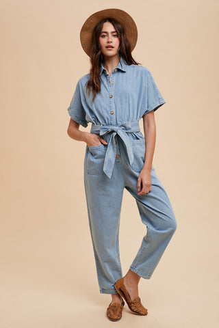 Denim Button Up Collared Jumpsuit - Lulu Bella Boutique