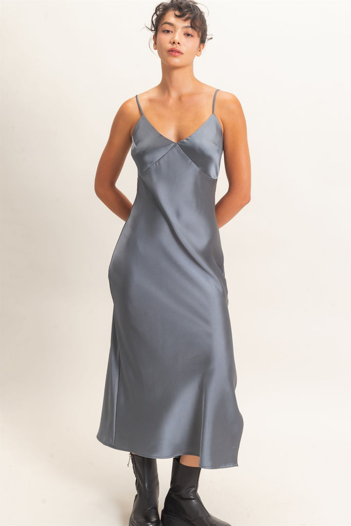 Satin V-neck Slip Dress Gray / S