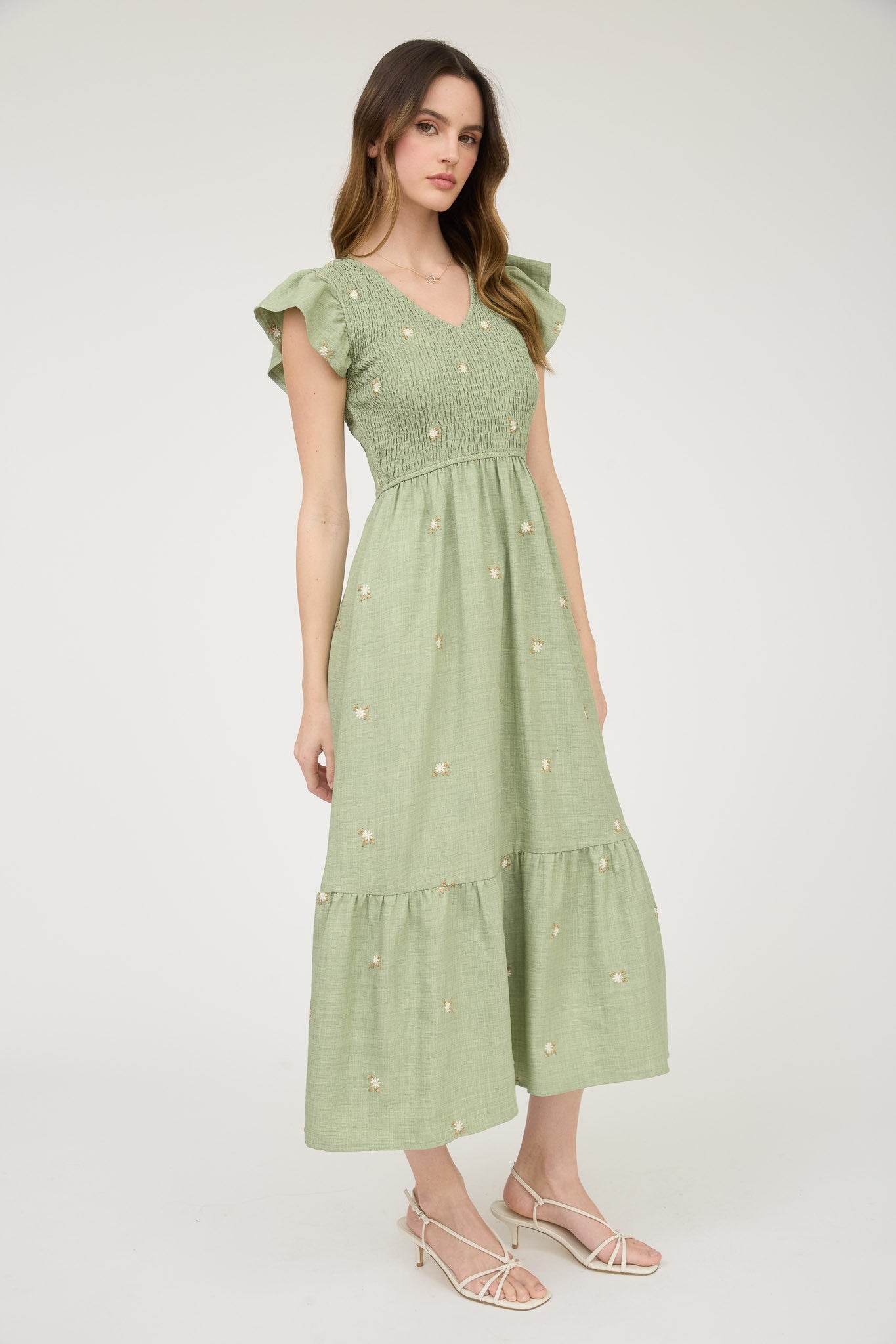 Embroidered Flower Smocked Ruffle Midi Dress - Lulu Bella Boutique