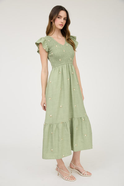 Embroidered Flower Smocked Ruffle Midi Dress - Lulu Bella Boutique