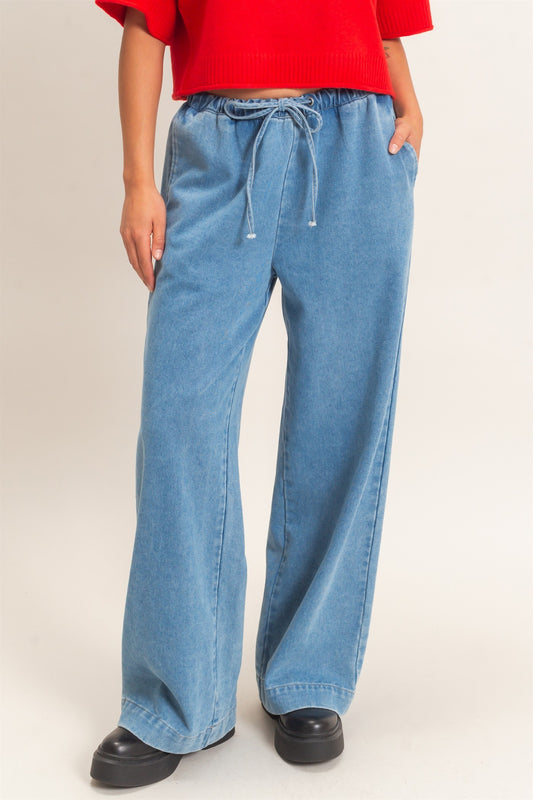 Elastic Waist Wide Leg Denim Pants