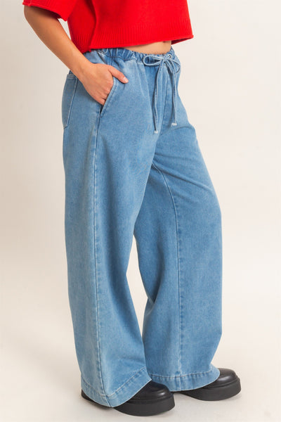 Elastic Waist Wide Leg Denim Pants