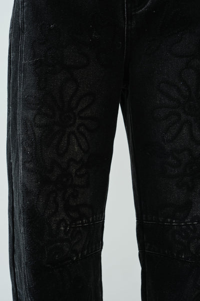 Embroidered Detail Cotton Barrel Pants in Black