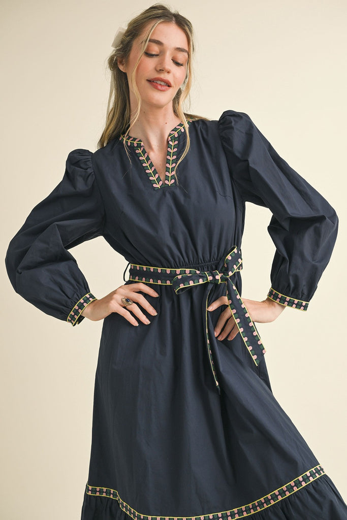bella puff sleeve maxi dress Embroidered Puff Sleeve Long Dress Navy / S