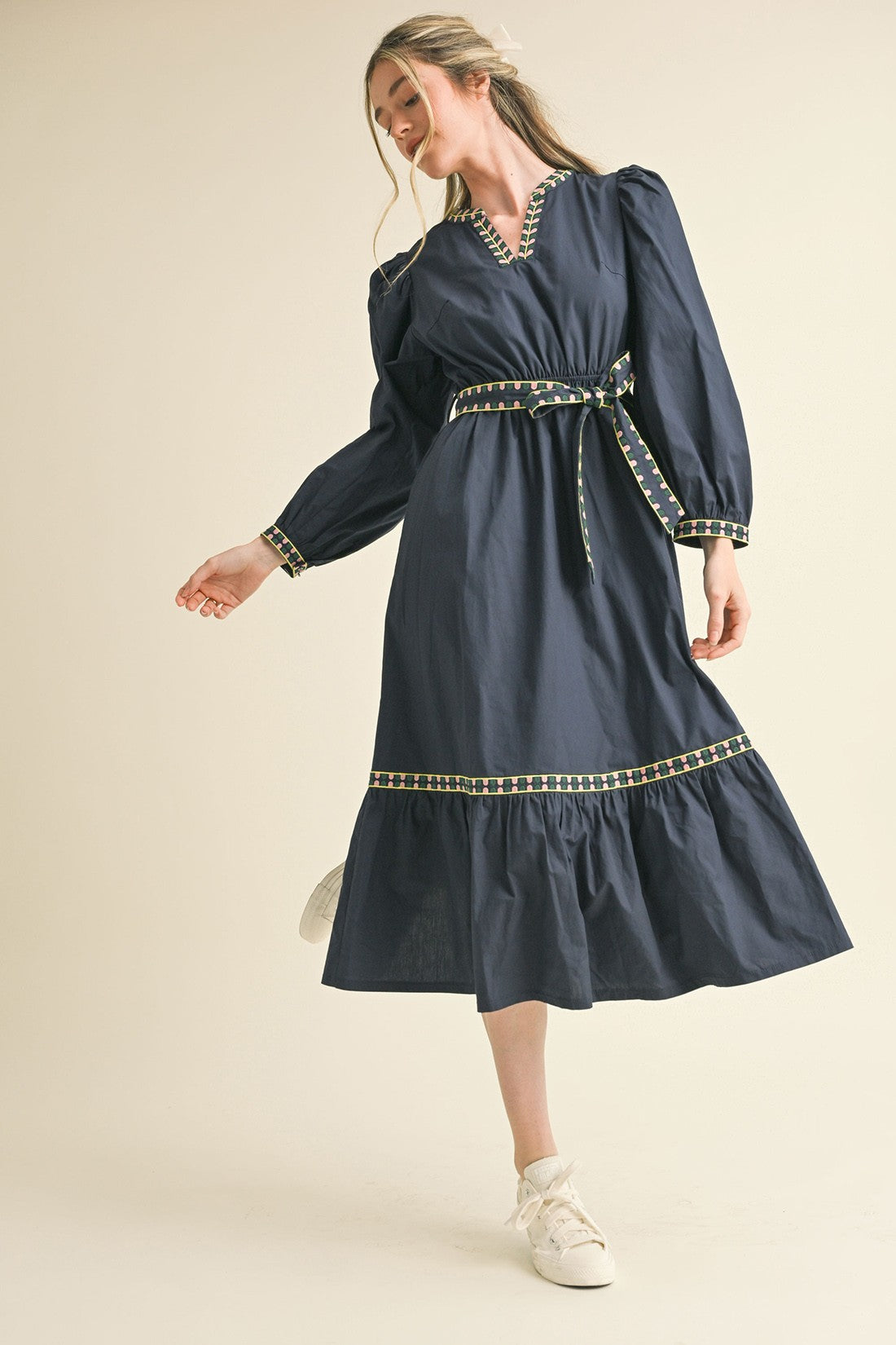 Embroidered Puff Sleeve Long Dress Navy / S Embroidered Puff Sleeve Long Dress Navy / S