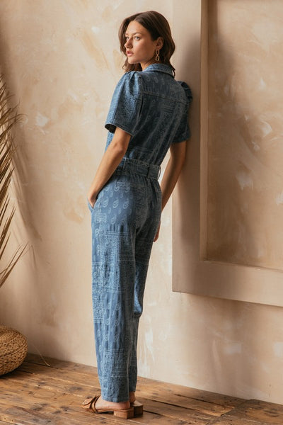 Denim Jacquard Button Front Jumpsuit